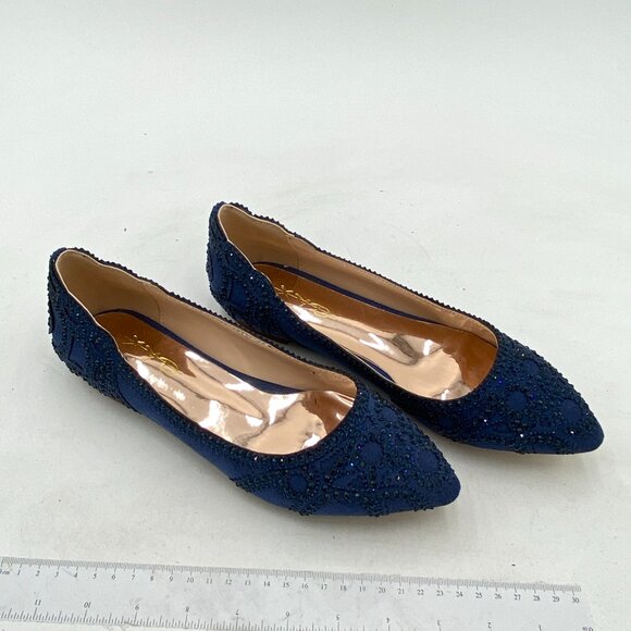 XYD Navy Pointed Toe Rhinestone Slip On Low Heel Crystal Embellished Shoes - Picture 4 of 8